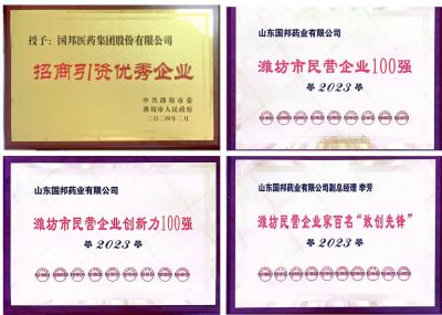 【喜訊】國邦醫(yī)藥及下屬山東國邦藥業(yè)喜獲2023濰坊招商引資優(yōu)秀企業(yè)、濰坊民營企業(yè)100強(qiáng)等多項(xiàng)榮譽(yù)